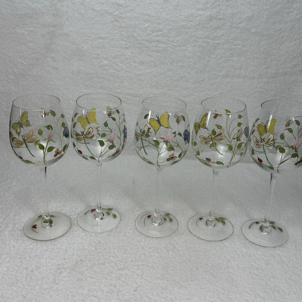 Lenox Butterfly Meadow Hand Painted Wine Glasses Water Goblets Set Of 5